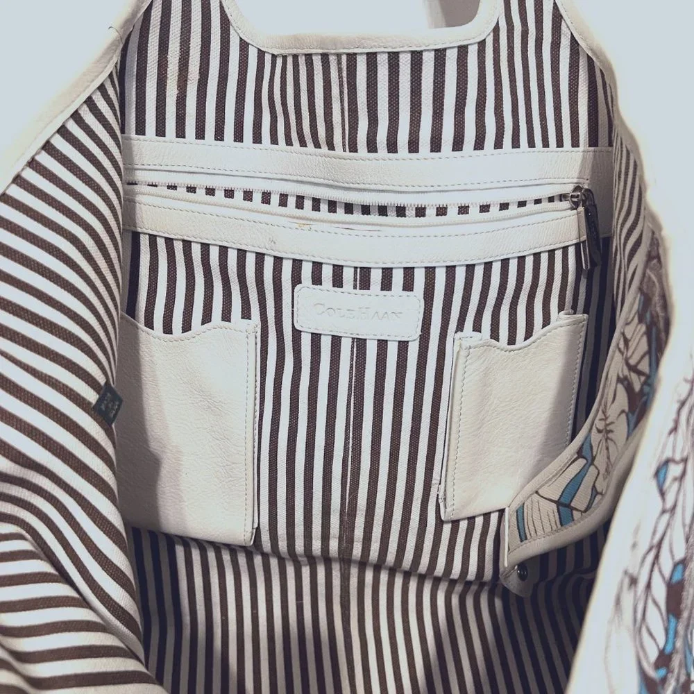 Cole Hann-Large Tote-Leather & Cloth-Snap Close Inside-Pockets-Travel-Beach